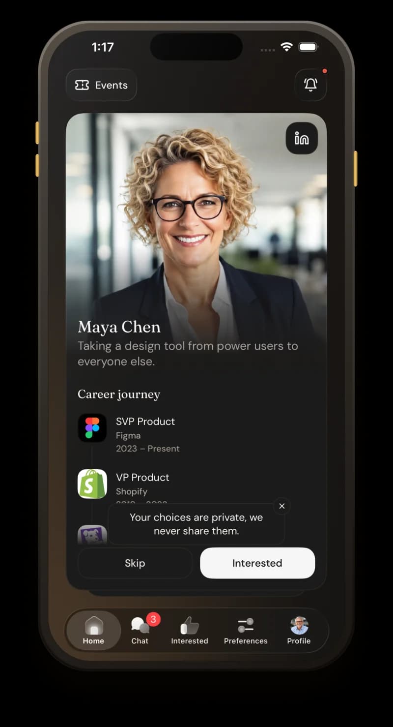 Country Club app showing a curated attendee profile with career journey and matching actions