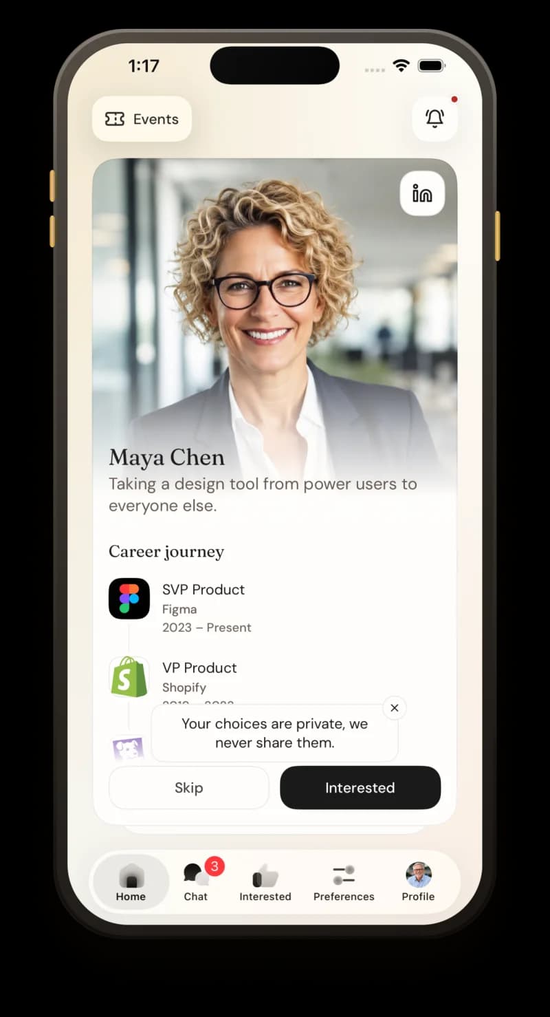 Country Club app showing a curated attendee profile with career journey and matching actions