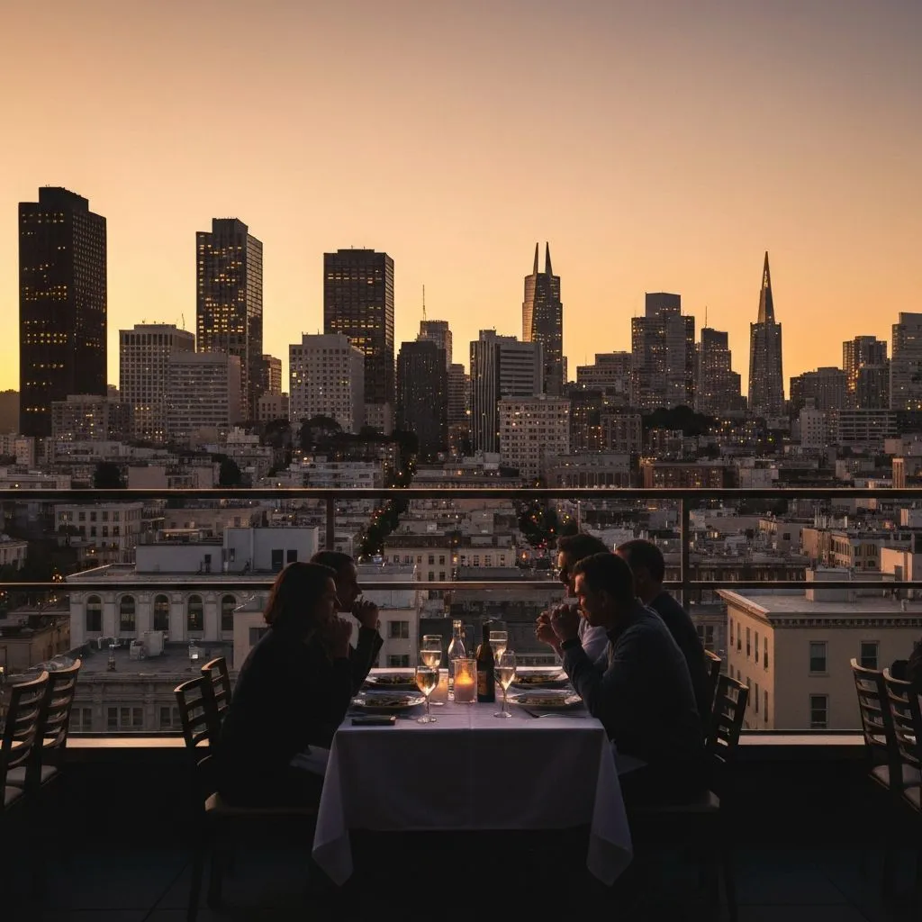 Dinner against city skyline